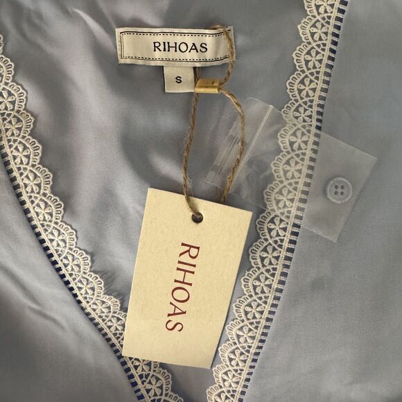 Rihoas Midi Dress Lace Trim Puff Sleeve V Neck Woven Blue S NWT - Picture 4 of 5